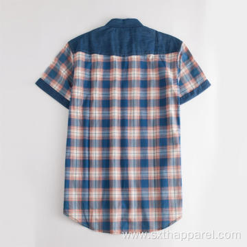 Men's Denim Patchwork Plaid Short Sleeve Shirt